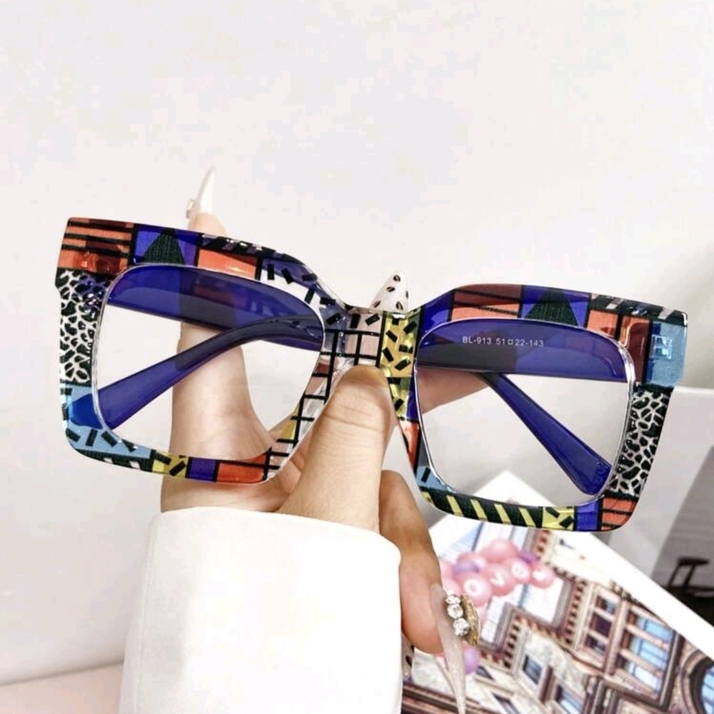 NEW Blue Multicolor Colorblock Oversized Fashion Glasses